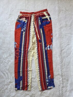 FARM Rio Red and Blue Striped Floral Drawstring Straight-Leg Pants